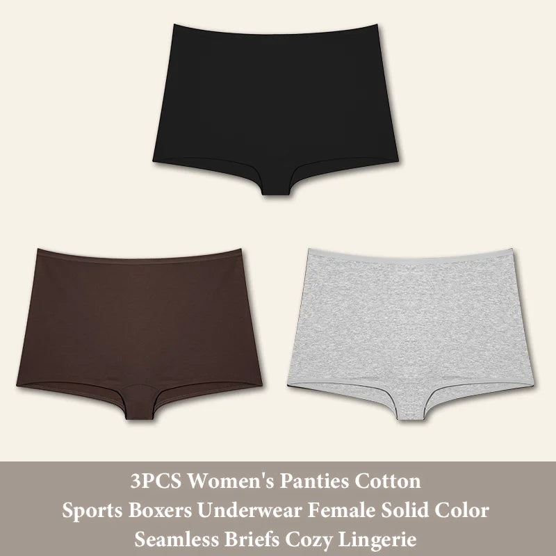 3PCS Women's Panties Cotton Seamless Sports Boxers Underwear Female Solid Color Briefs Cozy Lingerie Intimate Underpants XS-XL