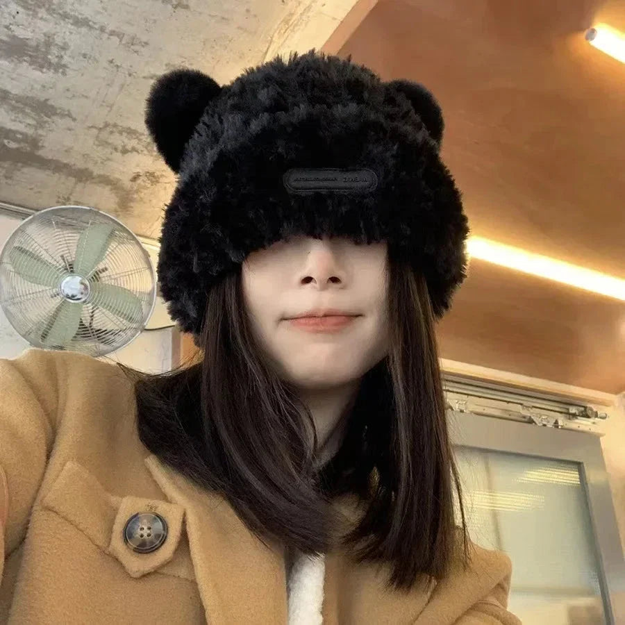 Letter Bear Ears Knitted Woolen Hat – Cute Cat-Ears Beanie for Women