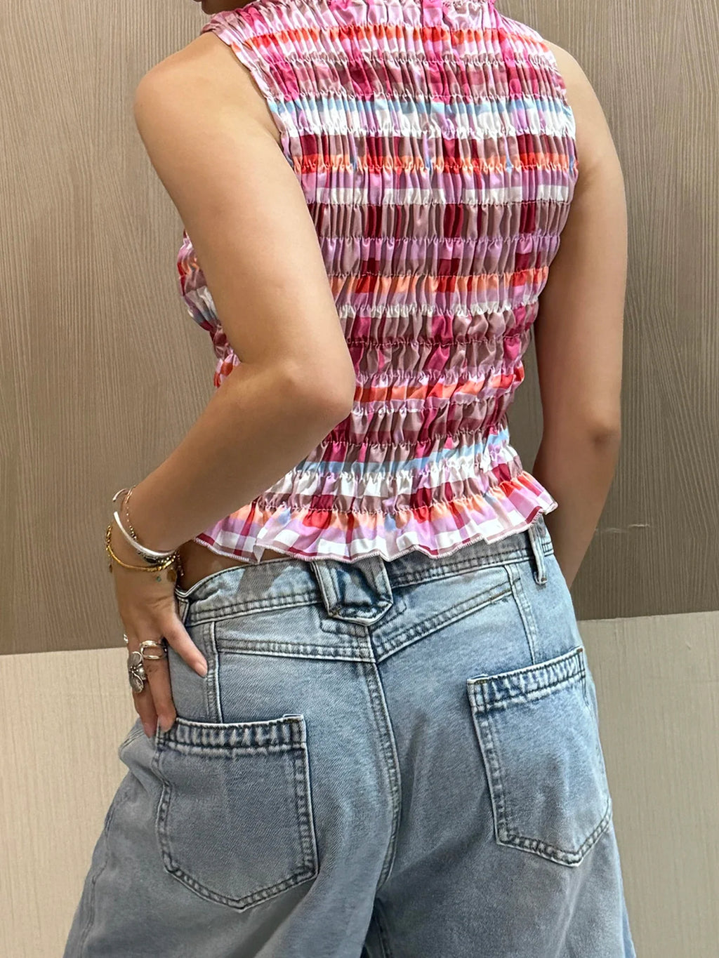 Women Summer Smock Tank Tops Casual Fashion Ruffle Hem Plaid Print Sleeveless Shirt Basic Vest Streetwear