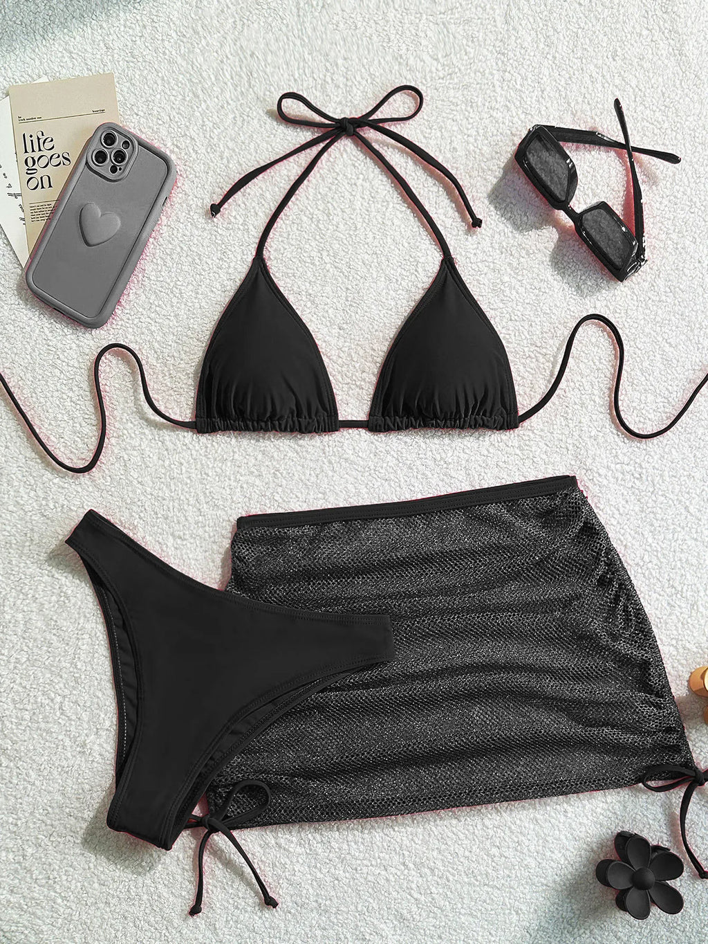 Sexy White Swimsuits Women Mesh Pleate Drawstring 3 Piece Bikinis Sets 2025 Push Up Bathing Suit High Waist Swimwear Biquini