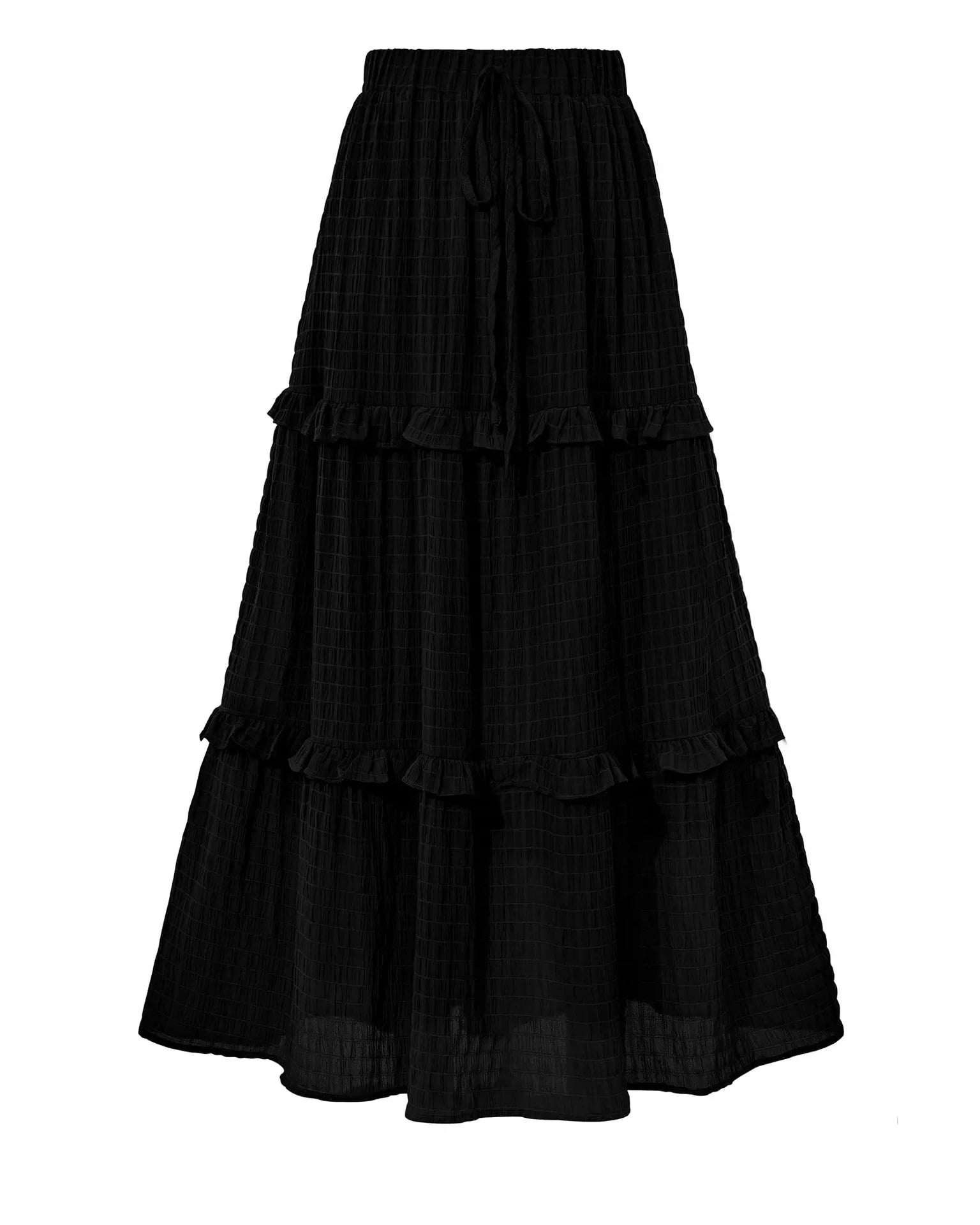Elegant Women Long Tiered Skirt Summer Autumn Casual Ruffled Shirred Frill Trim Elastic Waist Drawstring A-Line Skirt Streetwear