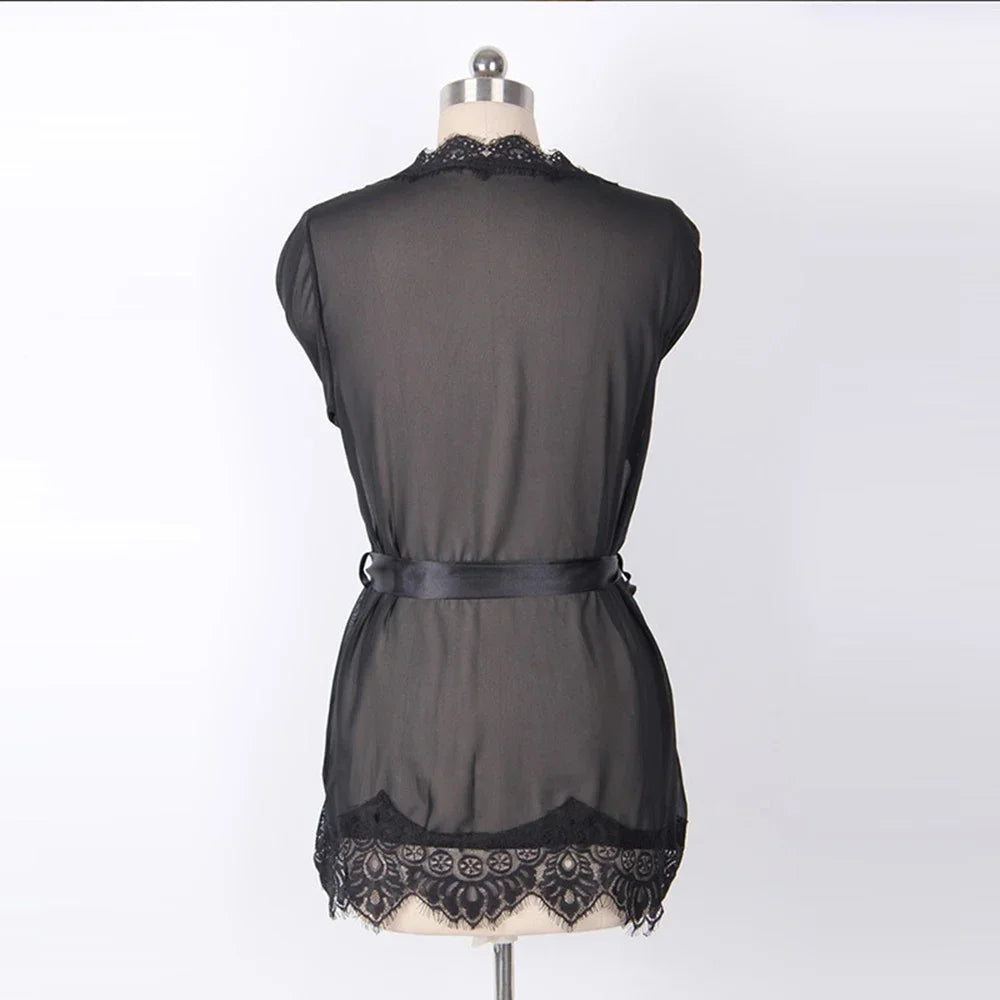 Sexy Lingerie Women Nightgown Black Lace Transparent Mini Dress with Belt and Panties Set Nightwear Sleepwear