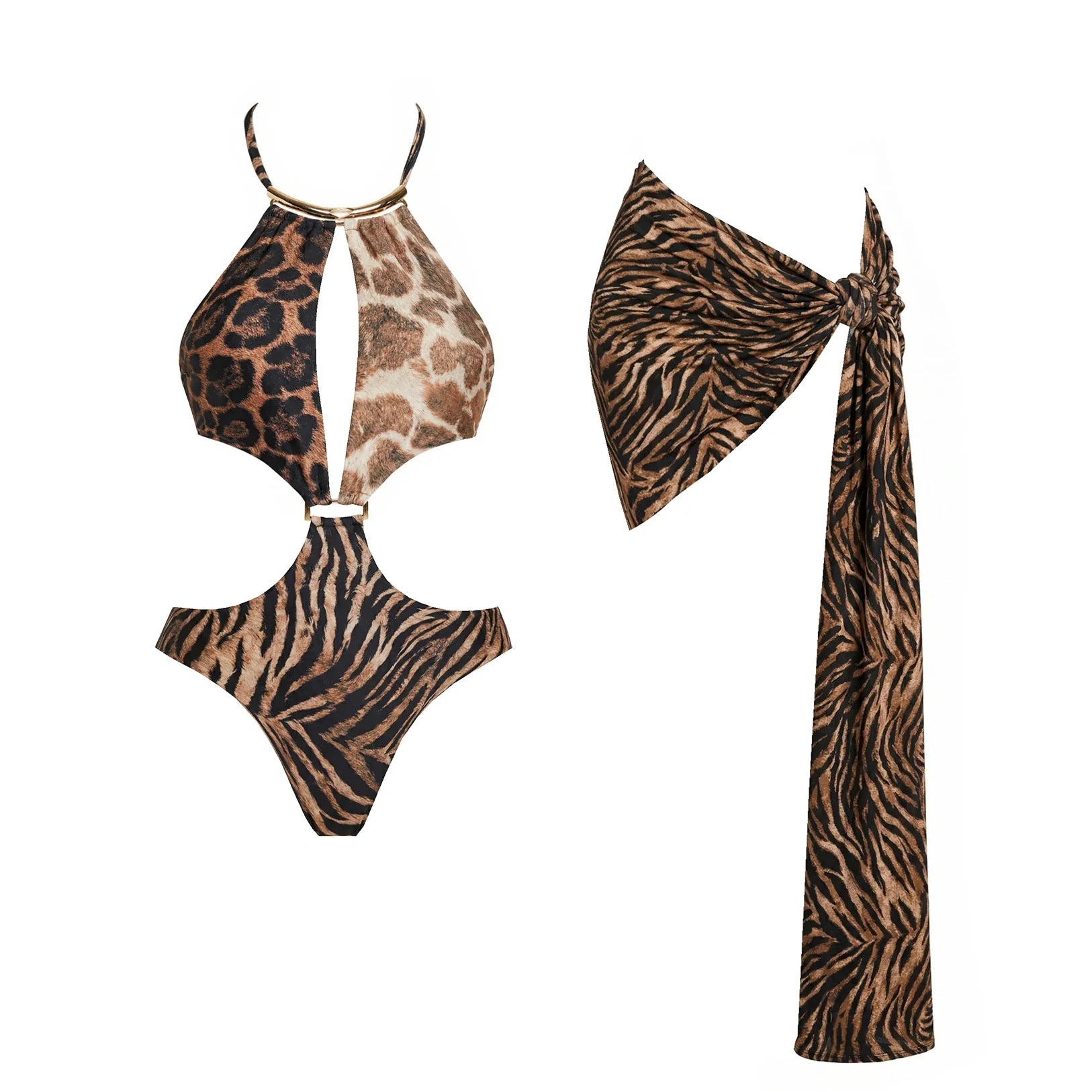 New 2Pcs Halter Swimsuit With Mini Skirt Women Bikini Push Up Swimwear Bandeau Biquini Printed Swim Suit Bathingsuit Beachwear
