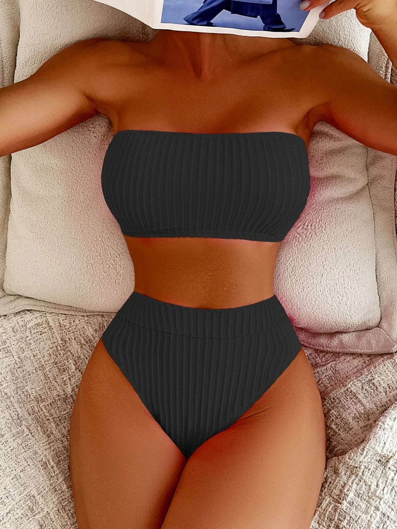 Sexy Bandeau Bikini Set 2025 Mujer Women White Black Ribbed Push Up Micro Swimsuit Summer Bathing Suit Beach High Waist Swimwear