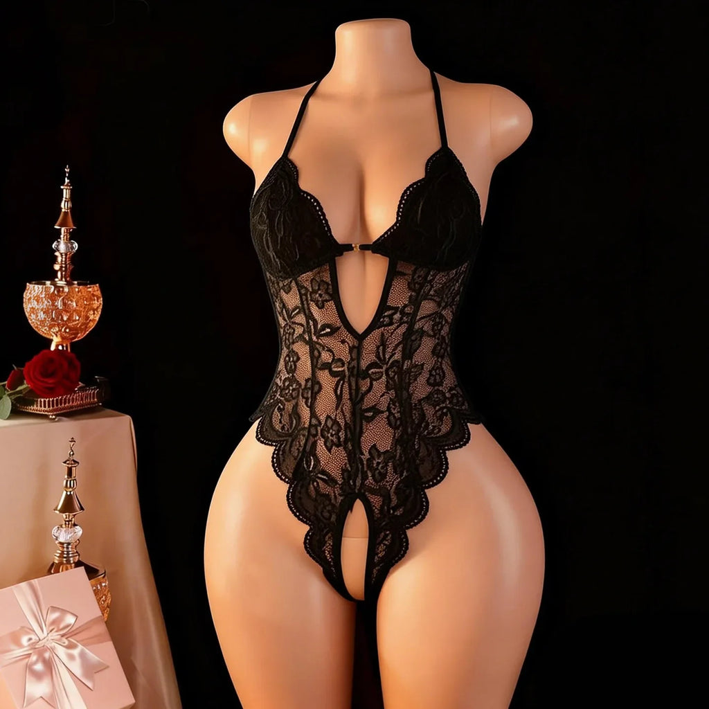 Crotchless Lingerie Lace Hollow Bra Set Sexy Tight Fitting Women Clothing,  V-neck Open  Bodysuit .Soft Padded Bra Underwear Set