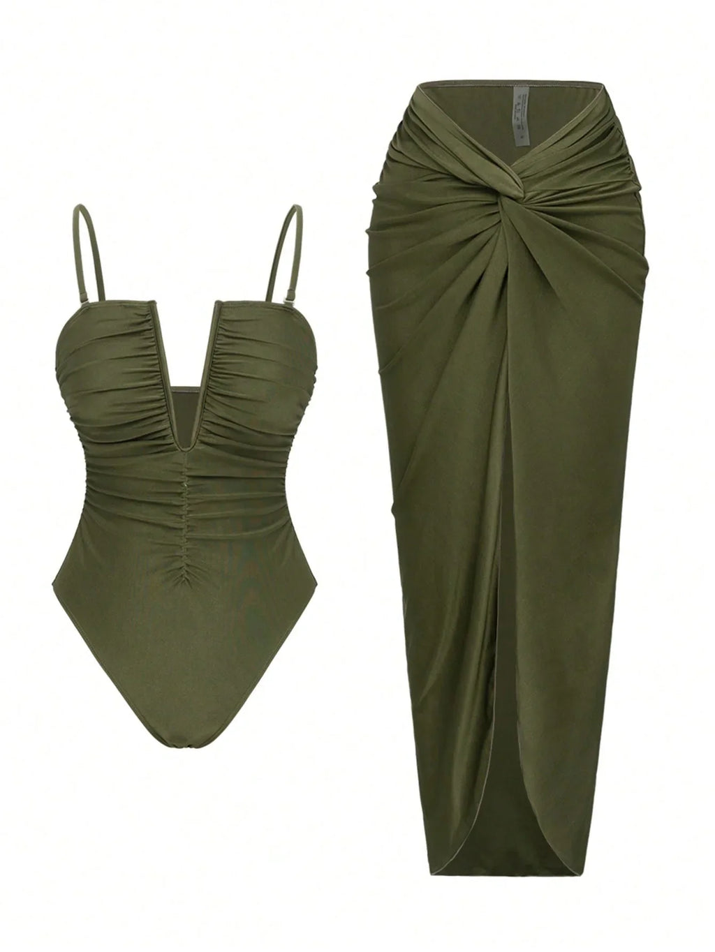 Vintage Green One Piece Swimsuit Long Skirt Sets 2026 Women V Neck Pleate Tummy Control Bathing Suit Holiday Swimwear Monokini