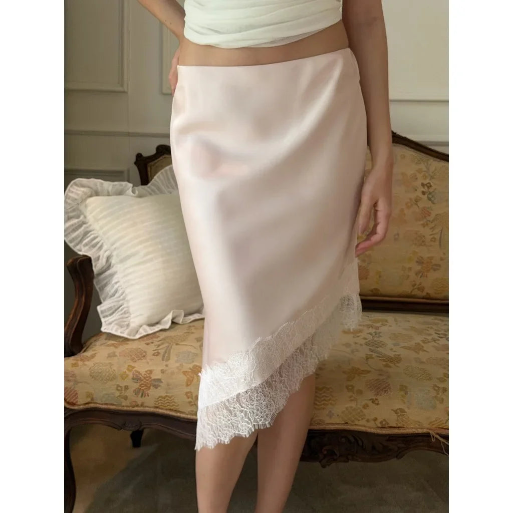 Summer Women Midi Skirt Vintage Low Waist Skirt Lace Trim Irregular Skirt Casual Bodycon High Waist Knee Length Short Skirt