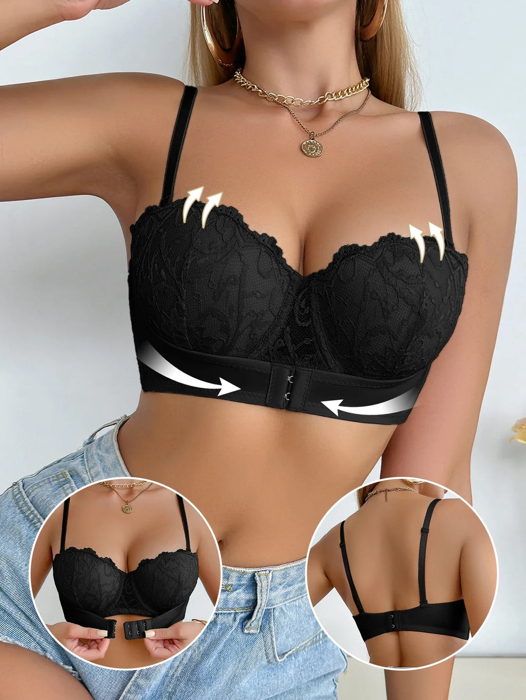 Women's Floral Lace Bra Front Closure Push up Bra Convertible Straps Underwire Support Women's Underwear Top