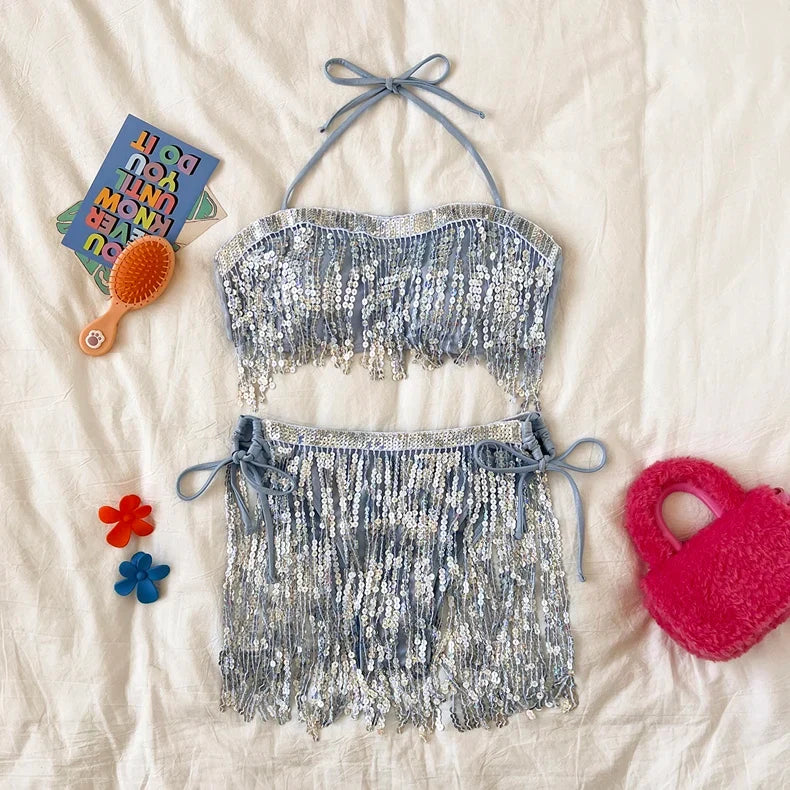 Shiny Glitter Bikini Set 2025 Women Sexy Bandeau Push Up Sequin Tassel Swimsuit Ladies Beach Bathing Suit High Waist Swimwear