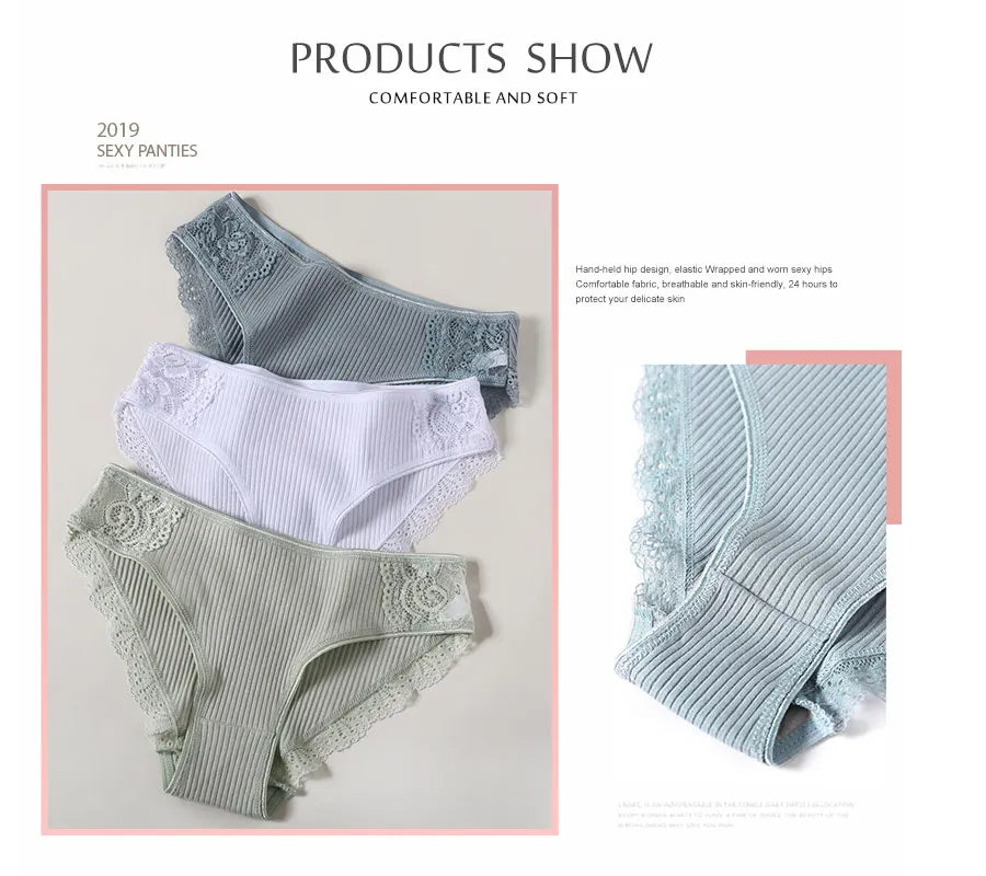 3Pcs/set Women's Cotton Panties M-2XL Women Patchwork Lace Underwear Sexy Low Waist Briefs Ladies Comfortable Underpants 2022