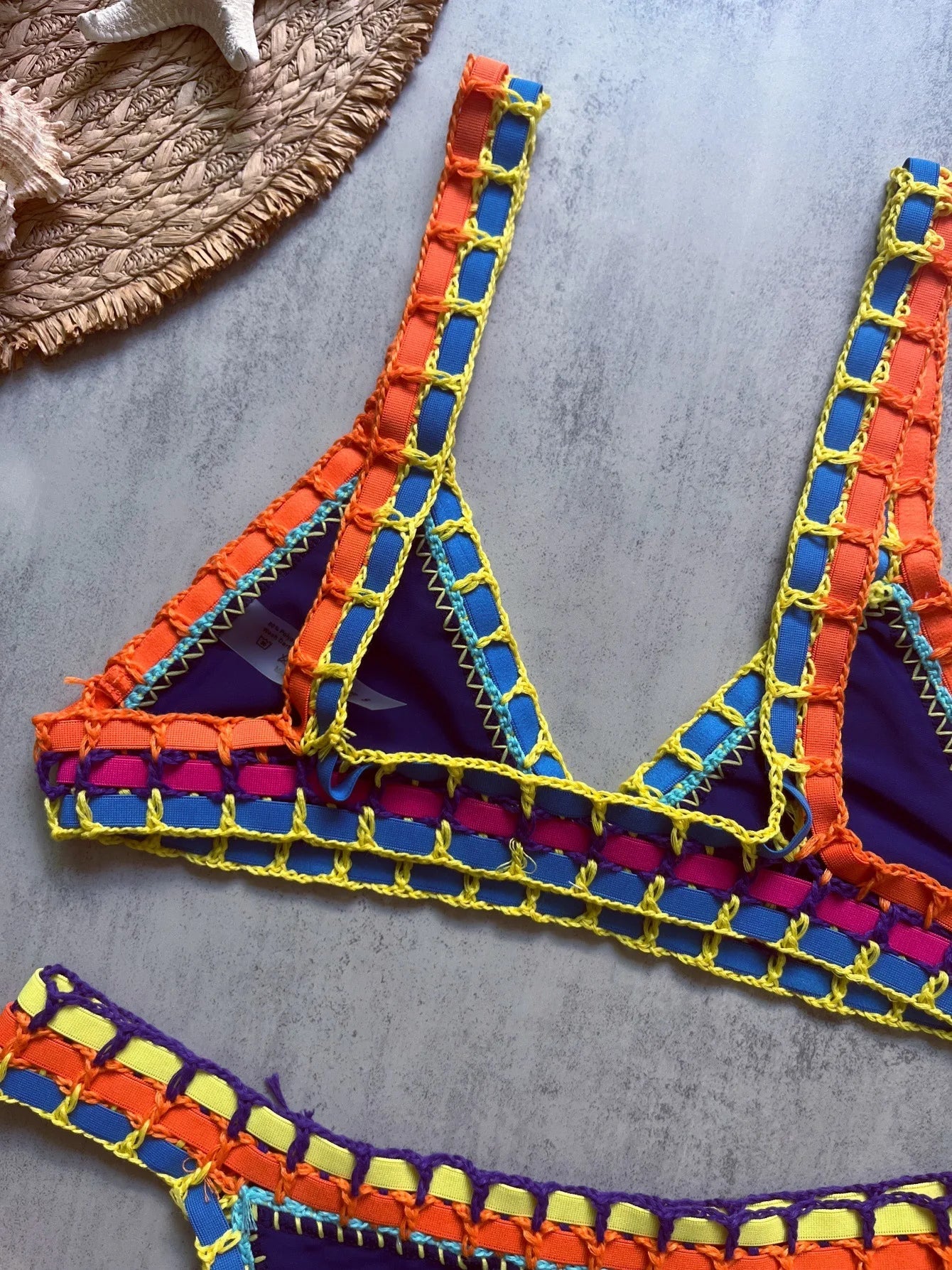 Sexy Black Patchwork Hand Crochet Bikini Set Women 2026 V Neck Push Up Bra Thong Swimsuit Beach Bathing Suit Knitted Swimwear