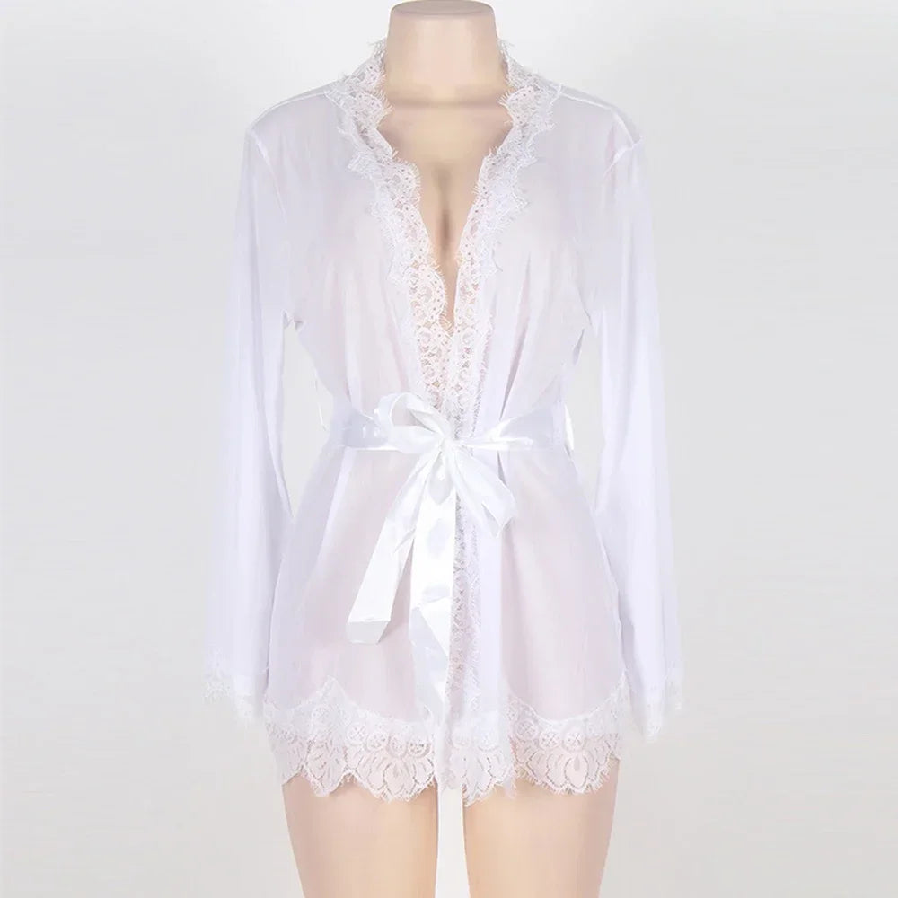 Sexy Lingerie Women Nightgown Black Lace Transparent Mini Dress with Belt and Panties Set Nightwear Sleepwear