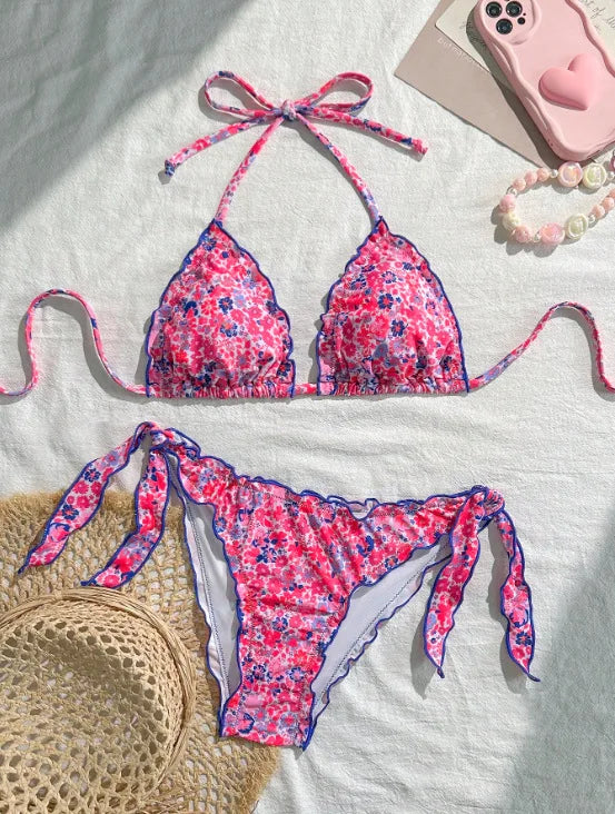 Cute Orange Floral Print Bikini Set Women Halter Ruffles Push Up Tie Side Thong Swimsuit 2026 Summer Bathing Suit Micro Swimwear