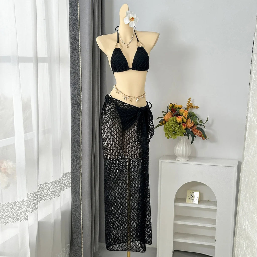 Vintage Beige Black Mesh Skirt 3 Piece Bikini Set 2026 Women Metal Chain Strap Push Up Bra Swimsuit Beach Bathing Suit Swimwear
