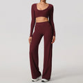 Hearuisavy Sports Set 2Pcs Women's  Long Sleeve Backless Fitted Fitness Top Push Up Pilates Yoga Top Wide Leg Straight Leg Pants