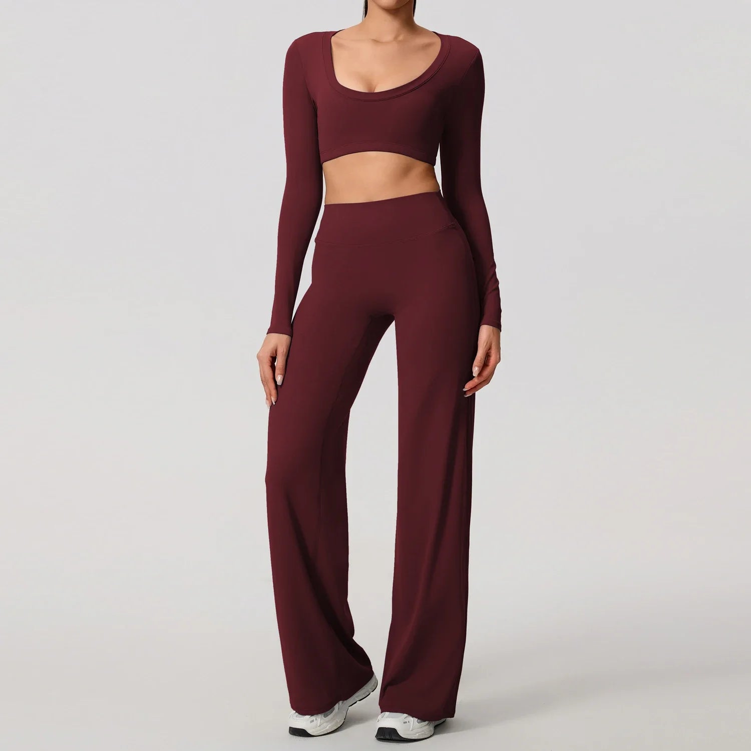 Hearuisavy Sports Set 2Pcs Women's  Long Sleeve Backless Fitted Fitness Top Push Up Pilates Yoga Top Wide Leg Straight Leg Pants
