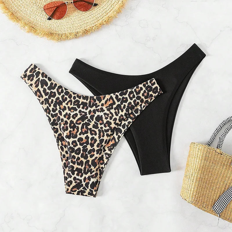 High Waist Bikini Shorts Bottoms Women Swimming Leopard Panties Summer Ladies Black Bathing Suit Swim Shorts Bottom 2 Piece Set