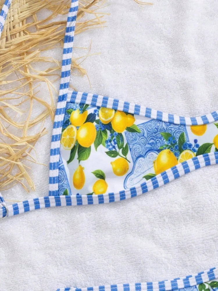 Sexy Sky Blue Fruit Print Micro Bikini 2026 Women Brazilian Pleate Push Up Bra Hollow Thong Swimsuit Beach Bathing Suit Swimwear