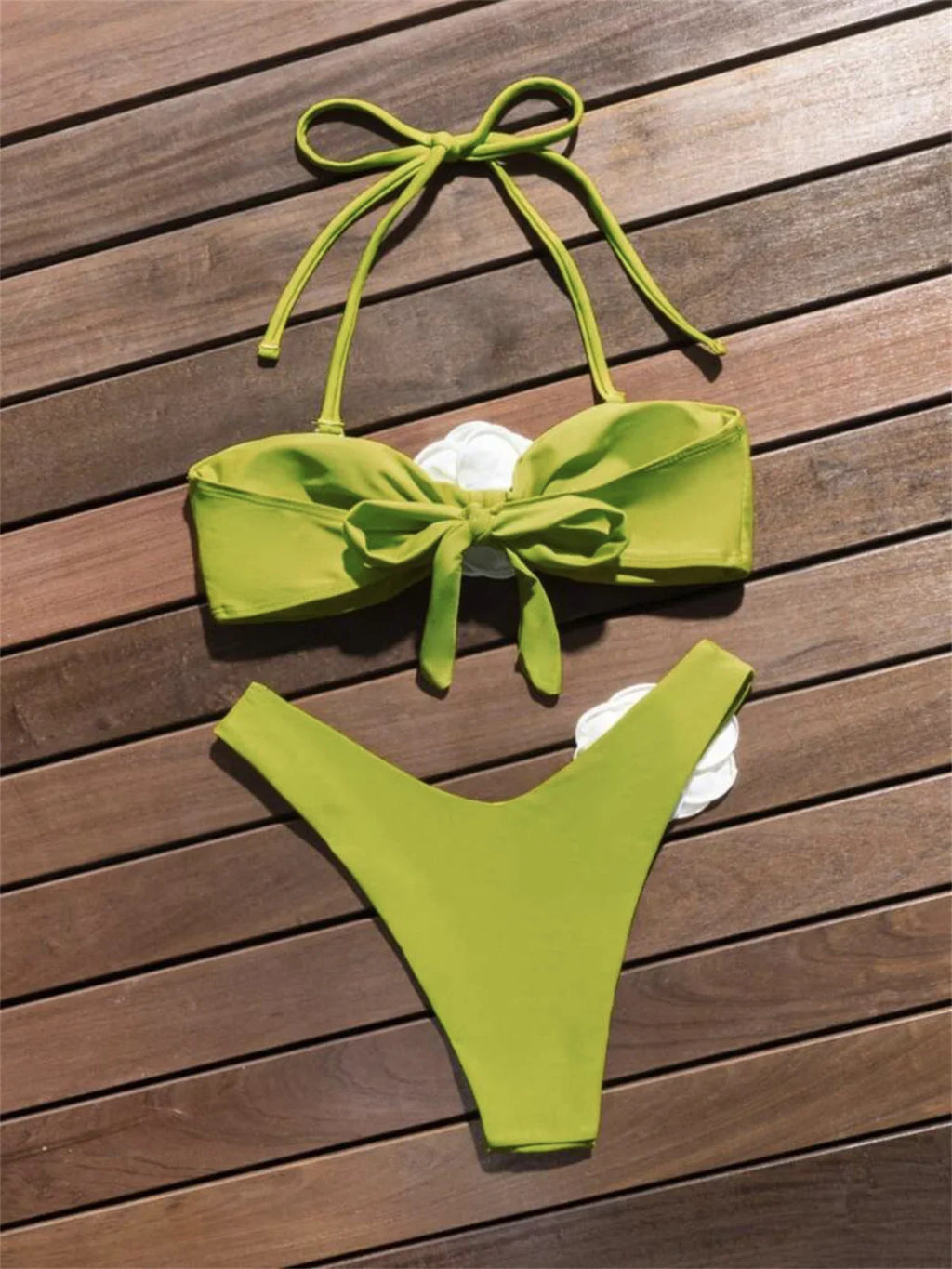 3D Flowers Bandeau Bikini 2024 Women Sexy Green Contrast Push Up Micro Swimsuit Bathers Bathing Suit Thong Swimwear Beachwear