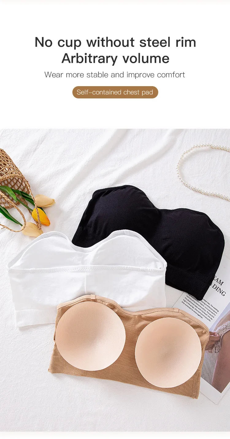 Women's Strapless and Wire-free Bandeau Bra with Full Cup Thin Mold Padding Non-slip Silicone Seamless Bra Plus Size Underwear
