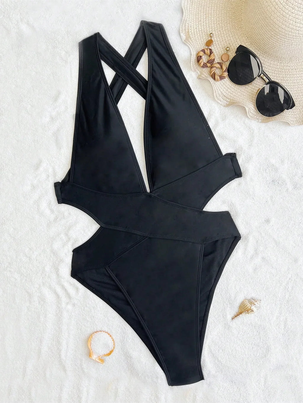 Deep V Neck One Piece Swimsuit Women Solid Red Black Criss Cross Backless Pleate Thong Bikini 2026 Beach Bathing Suit Swimwear