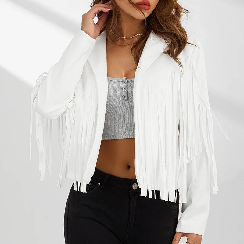 Women Spring Autumn Slim Long Sleeve Open Front Coat Solid Color Collared Jacket with Tassels Black/ Coffee/ Pink