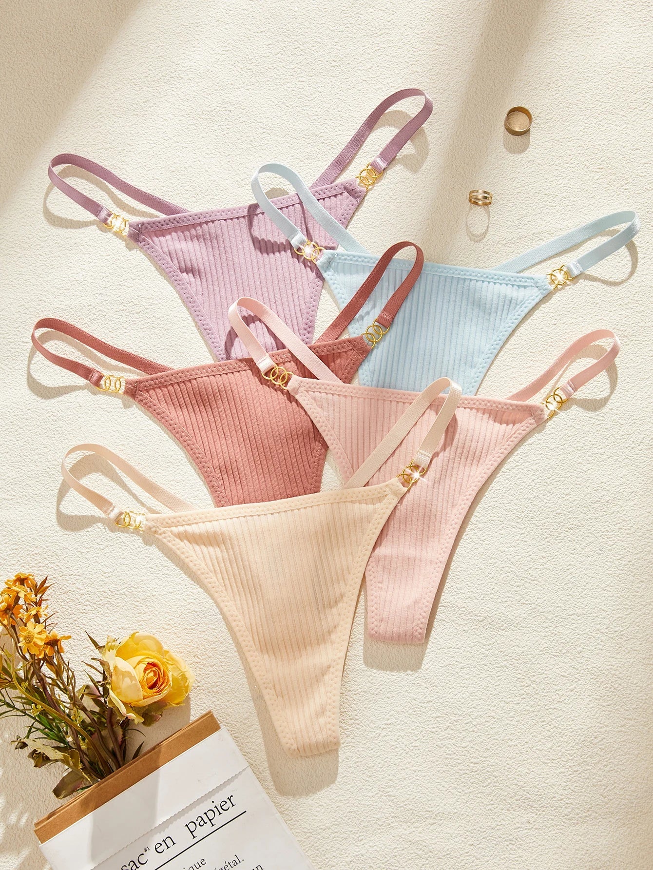5Pcs/Set Sexy Women Panties Solid Ribbed G‑String Thong Metal Ring Soft Female Sexy Lingerie Underwear