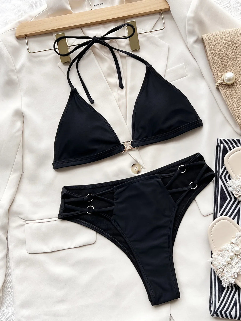 Sexy Hollow Out High Waist Bikini Set 2026 Women Black Rhinestones Buckle Push Up Swimsuit Brazilian Beach Bathing Suit Swimwear
