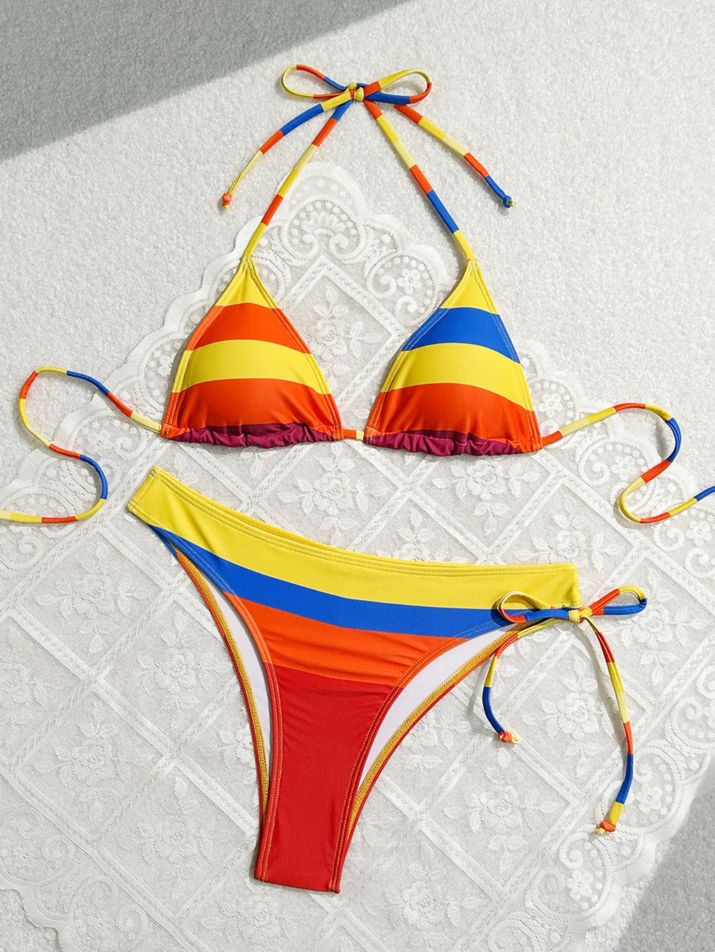 Women's Rainbow Color Bikini Set Sexy Beach Vacation Backless 2 Piece Swimsuit 2024 Summer Bathing Suit Bra Push Up Swimwear