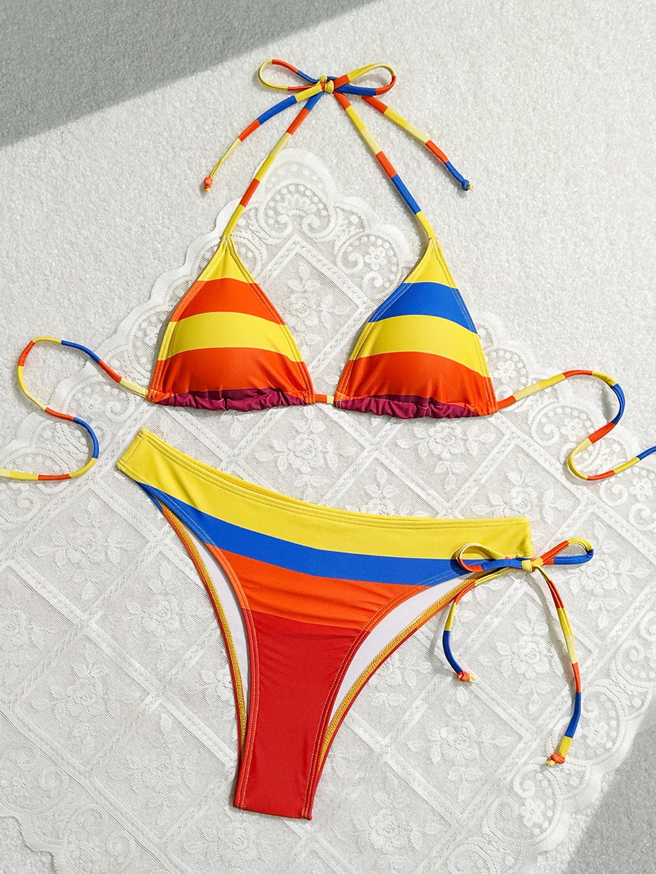 Women's Rainbow Color Bikini Set Sexy Beach Vacation Backless 2 Piece Swimsuit 2024 Summer Bathing Suit Bra Push Up Swimwear