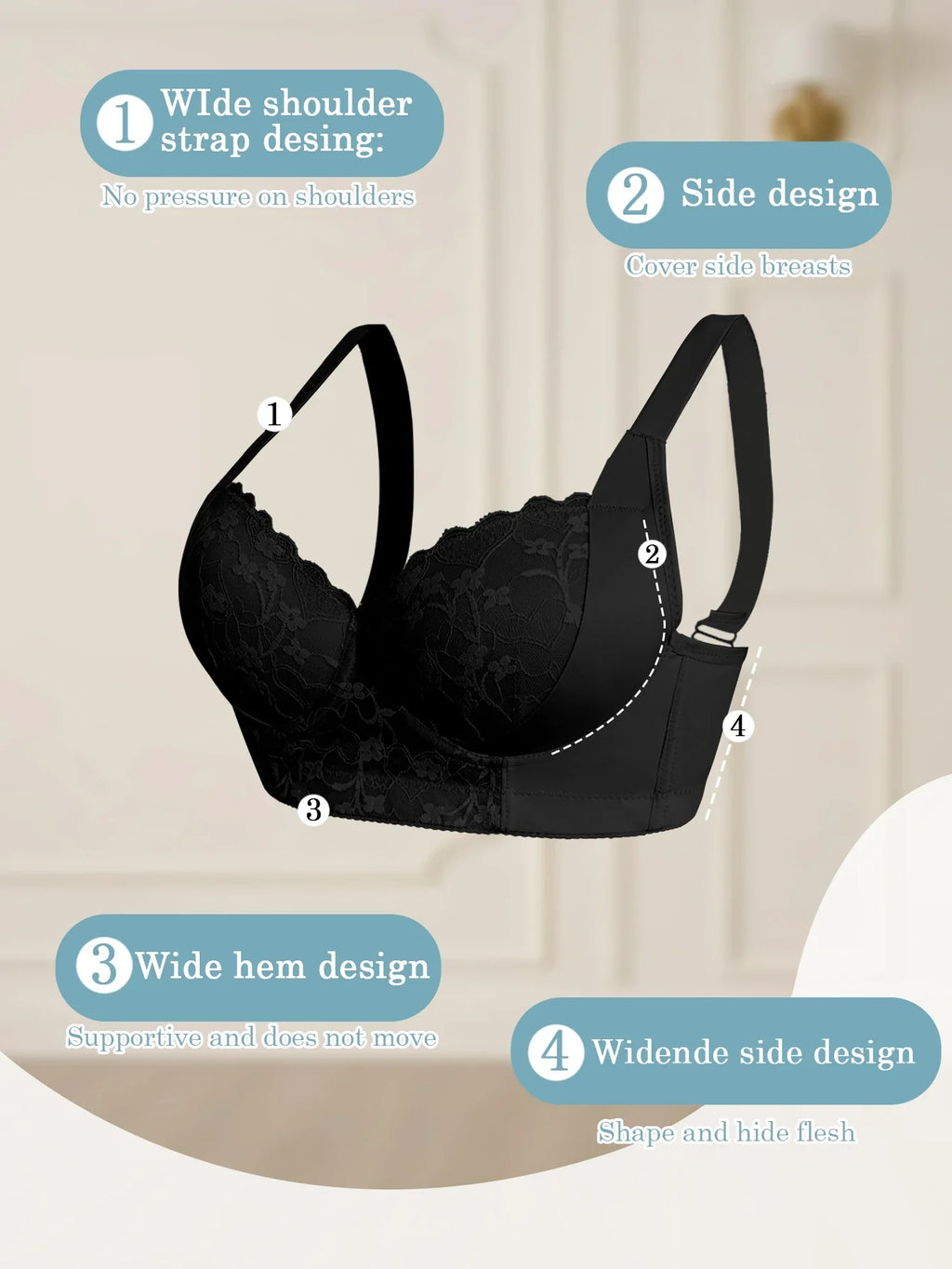 Sexy Women's A B C D Cup Large Size Lace Bras, Lace Splicing Underwire Bra, Push-Up and Side Breast Minimizing, Comfortable Women's Lingerie Bra