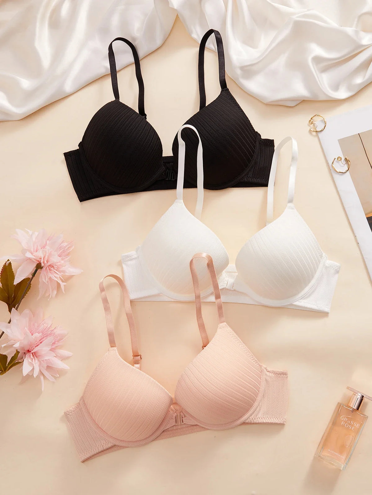 1 3 5Pcs Pure and Simple Everyday Solid Bra Push up Sexy Bras Ribbed Fabric with Unlined Sweet Women's Underwear