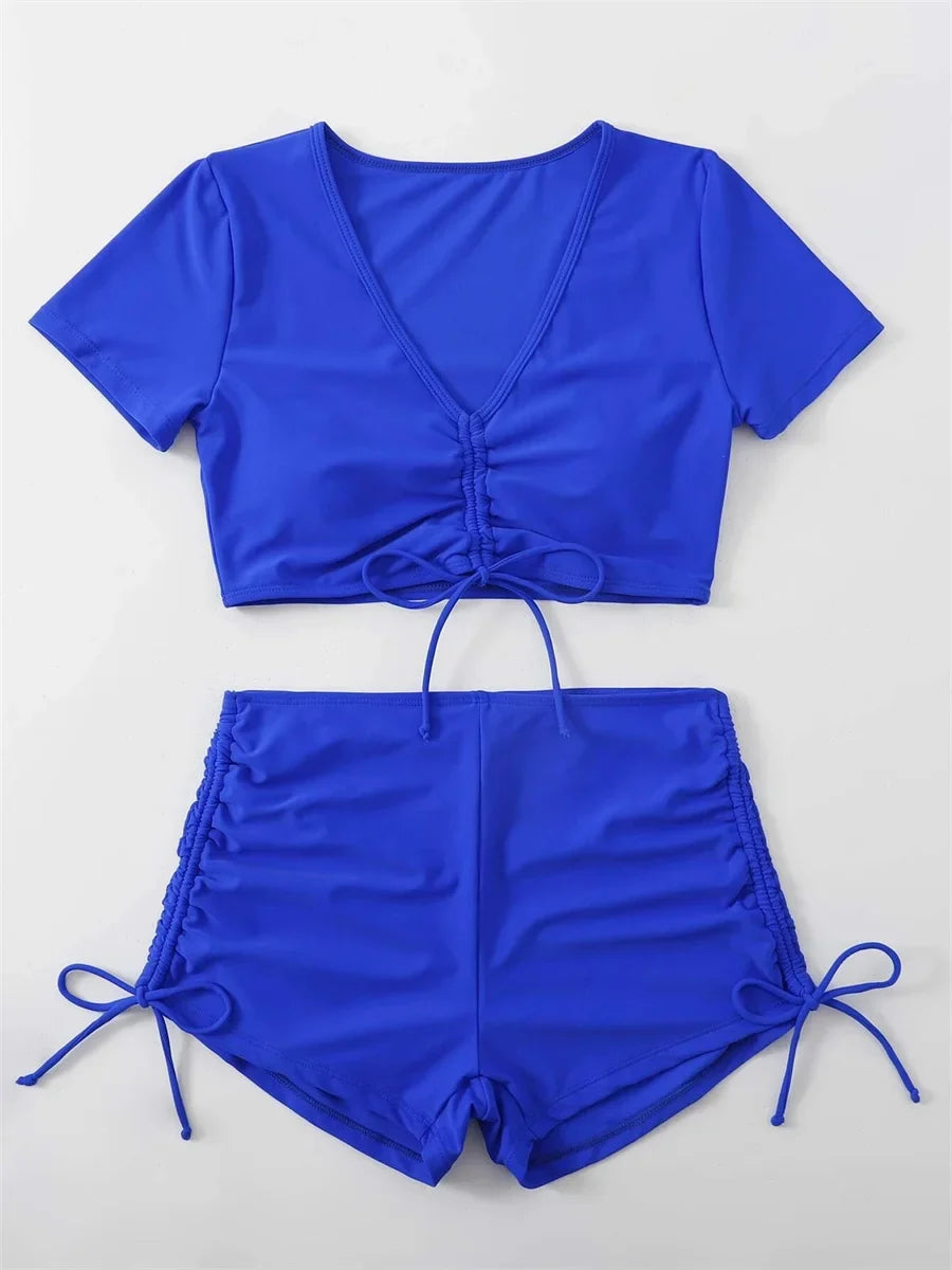 Sexy Drawstring Bikini Set 2026 Women Green Black Short Sleeve Two Piece Swimsuit Summer Bathing Suit Pleate High Waist Swimwear