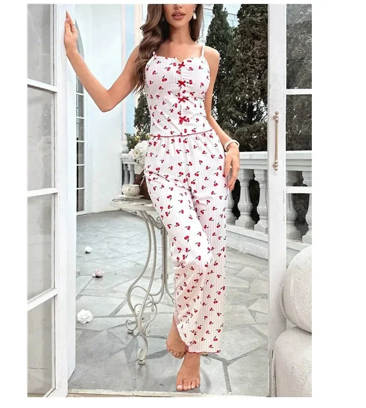 2-Piece Women's Sexy Transparent Mesh Lace Set with Ribbed Printed Strap Top and Pants Home Clothes Pajama Set