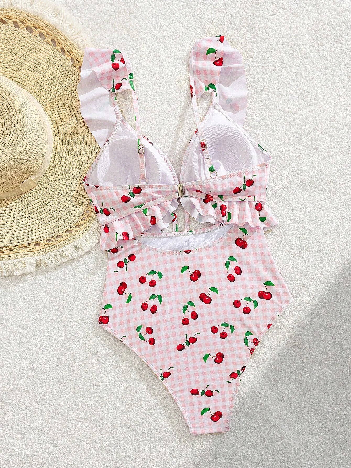 Vintage Pink Starberry Print One Piece Swimsuit 2026 Women Ruffles Bandage Cross High Waist Bikini Beach Bathing Suit Swimwear