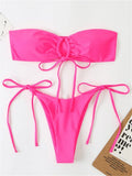 Sexy Bandeau Bikini Swimwear Women Red Black Pleate Lace Up Swimsuit 2024 Cut Out Beach Bathing Suit Tie Side Thong Bikinis Sets