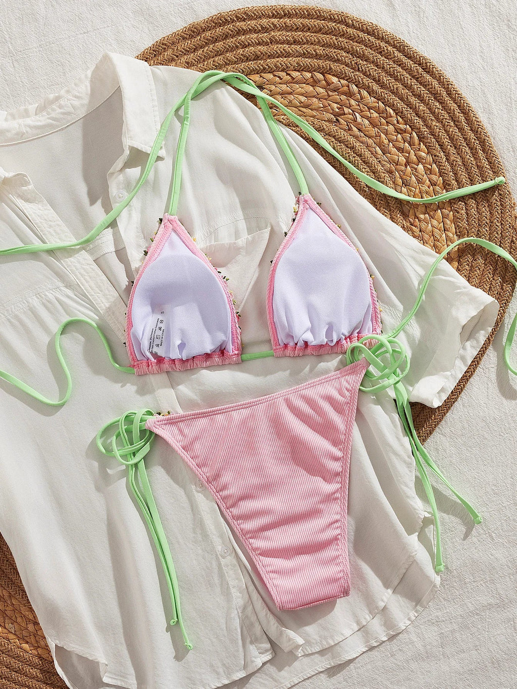 Sexy 3D Floral Bikini Set 2025 Women White Pink Contrast Push Up Bra Tie Side Thong Swimsuit Beach Bathing Suit Micro Swimwear