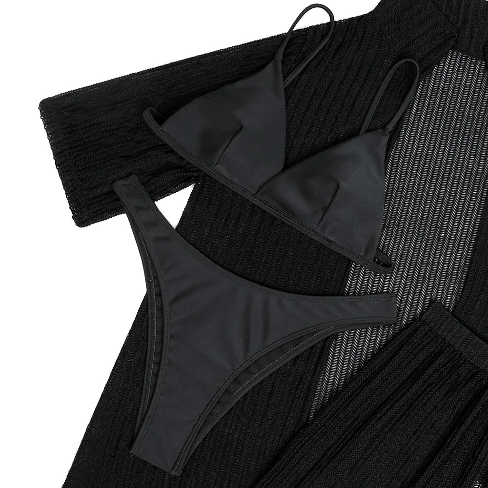 Summer 4 Piece Bikinis Sets Women Black White Mesh Half Sleeve Cover Up with High Waist Panties Swimsuit Bathing Suit Swimwear