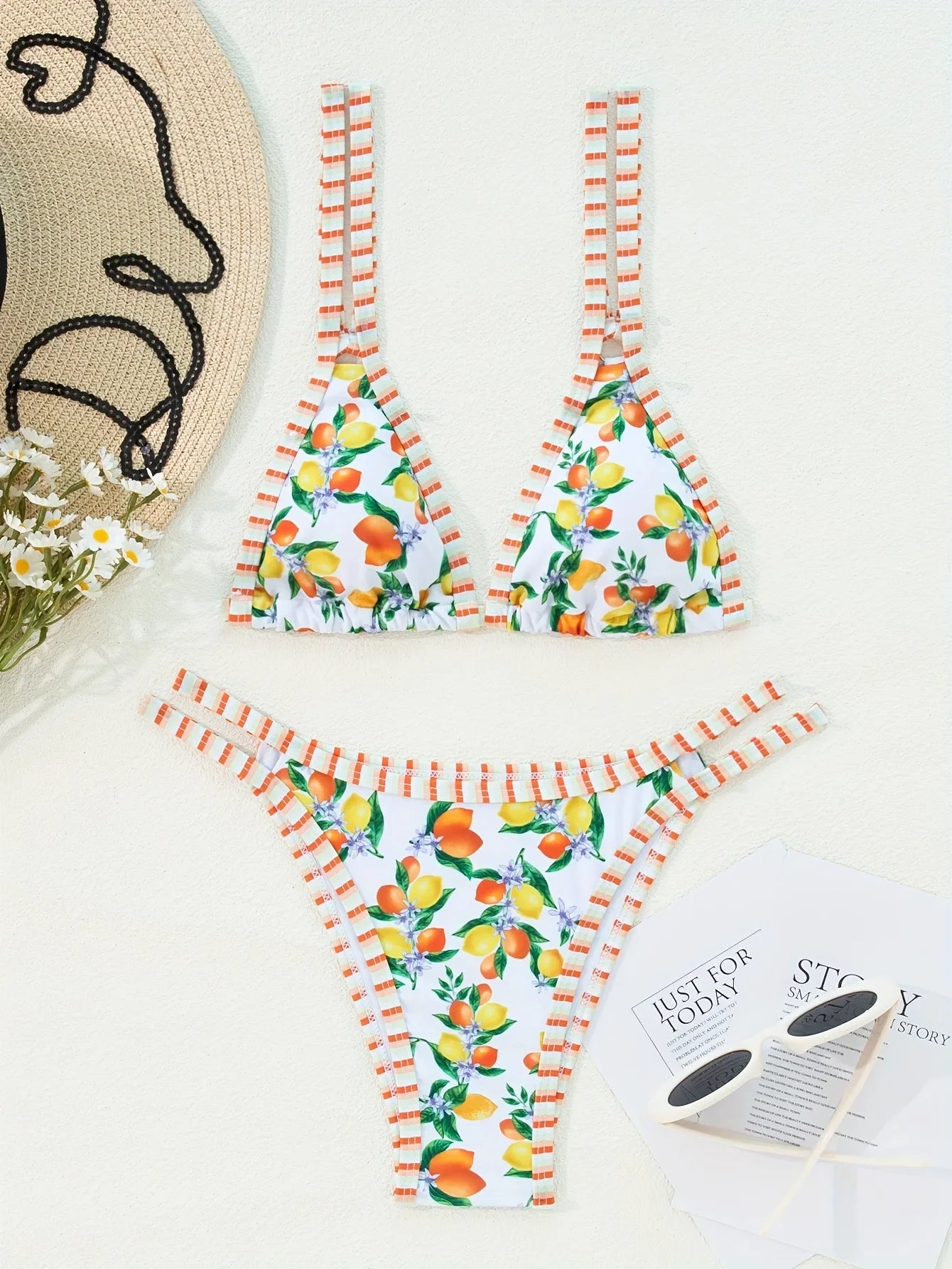 2026 Sexy Orange Print Micro Bikini Women Double Strap Push Up Bra Hollow Out Thong Swimsuit Beach Bathing Suit Holiday Swimwear