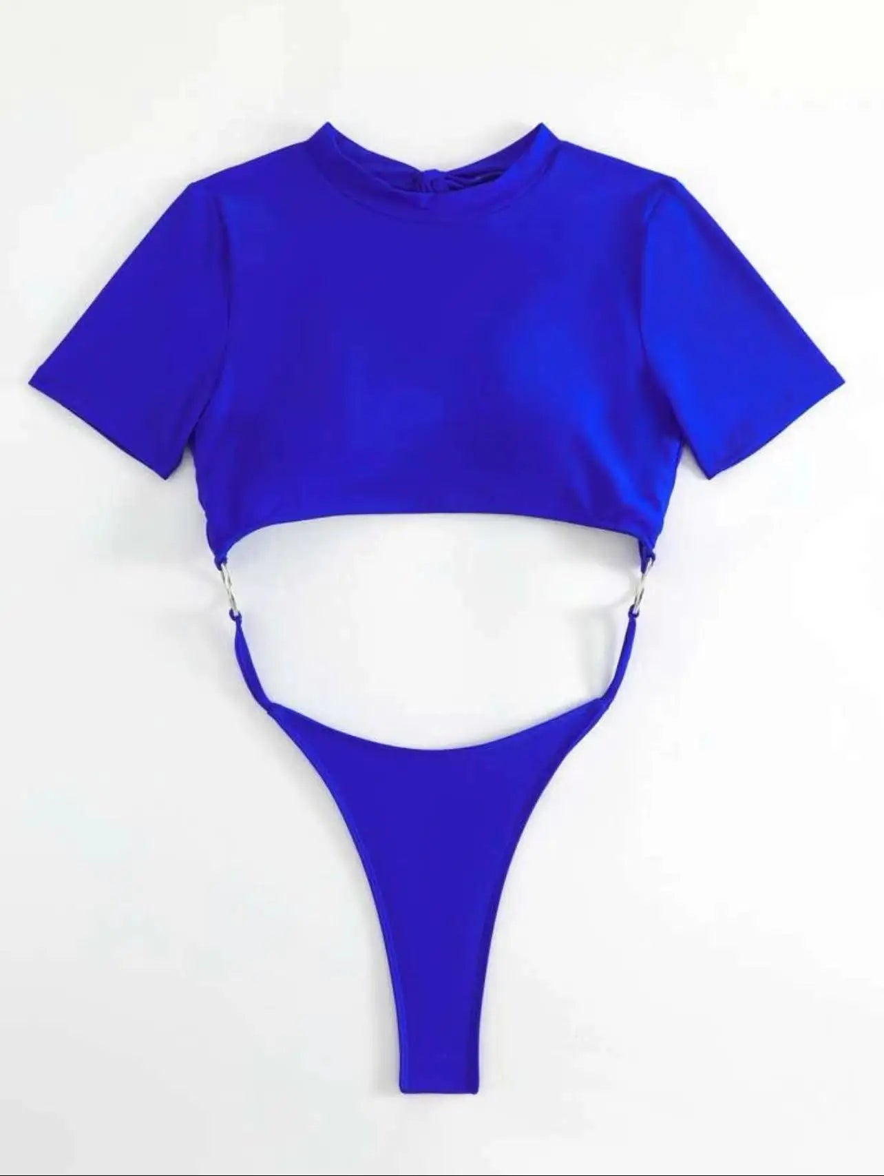 Bikini Women Swimsuit 2024 Blue Short Sleeve Hollow Out Thong Monokini Brazilian Beach Bathing Suit Push Up One Piece Swimwear