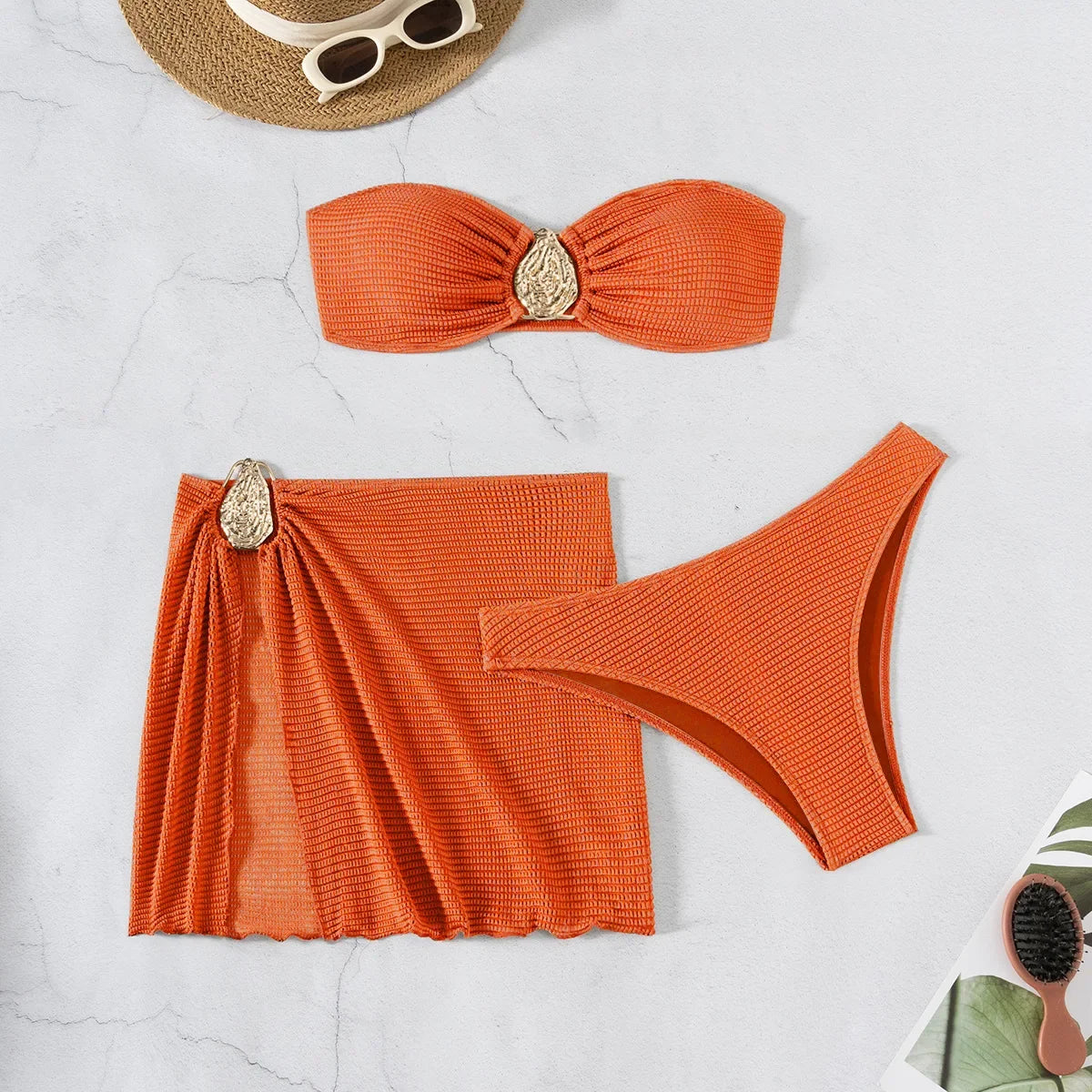 2026 New Sexy Bandeau Bikini Women Metal Water Droplet Ornament Push Up Mesh Skirt 3 Piece Swimsuit Beach Bathing Suit Swimwear