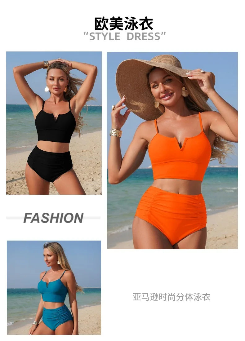 2026 New Black Women's Bikini Sexy Blue Two-Piece Swimwear High Elasticity Quick Dry Nylon Fabric with Chest Pad Orange Swimsuit