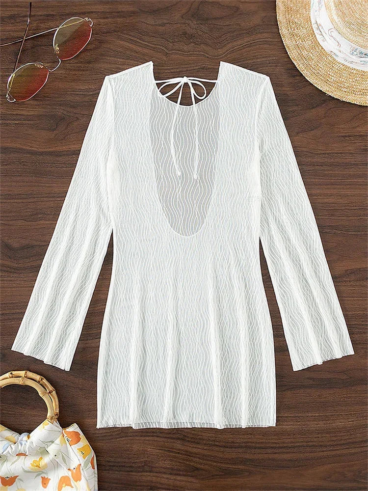 Bikini Beach Outfits Sexy Elegant Long Sleeve Mesh Solid White Dresses and Tunics for Women Cover-Up Swimwear Summer Dress