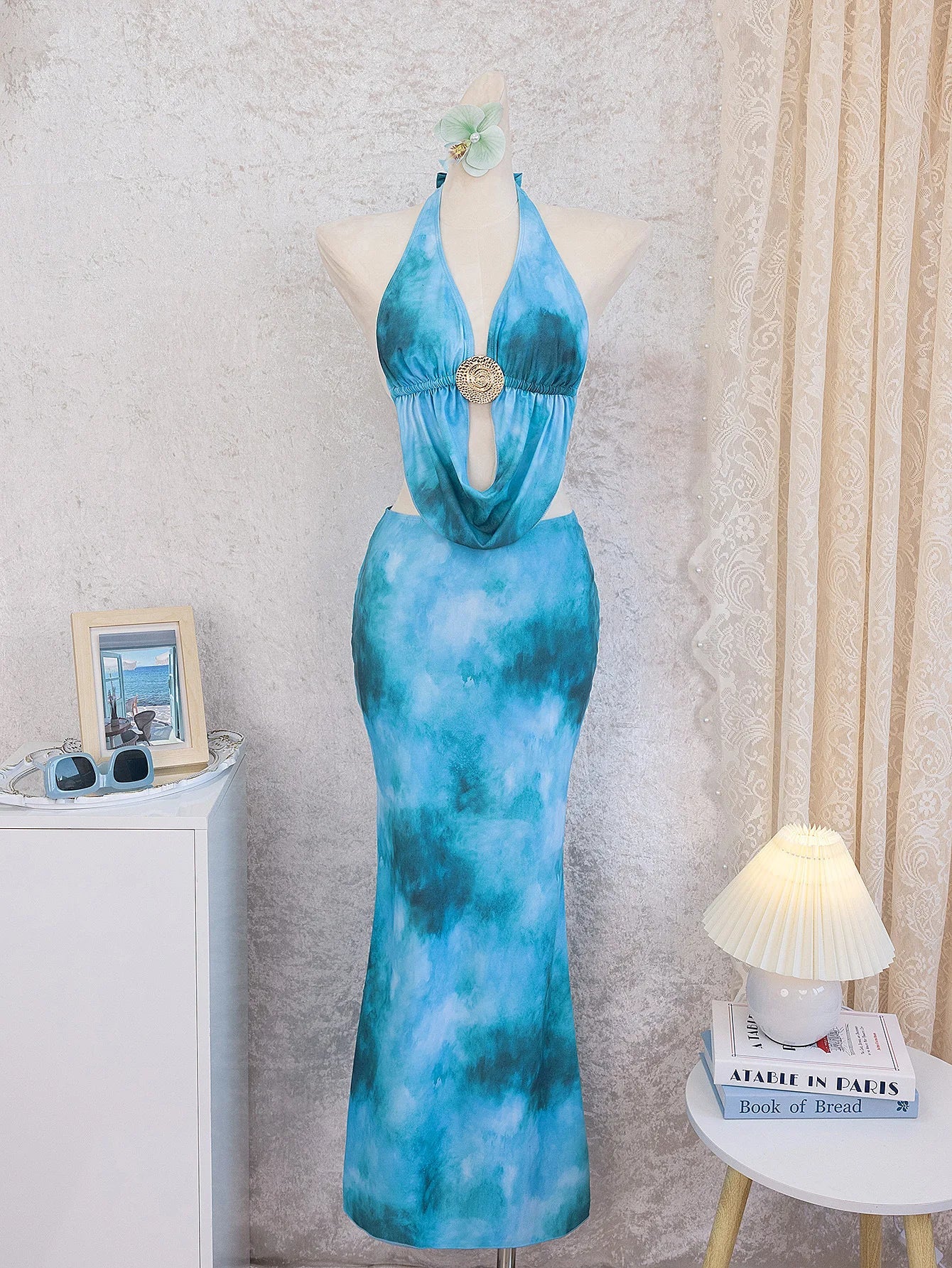 Sexy Blue Tie Dye Gradient Bikini Set Women Metal Circle Ornament Push Up Long Skirt Swimsuit Beach Bathing Suit Swimwear 2026