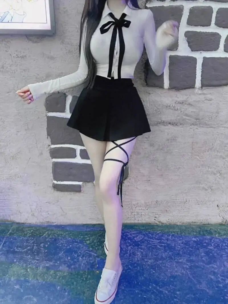 WOMENGAGA Korea Style Sexy Slim High Waist Strap A-line Half Length Skirt Fashion Women Skorts JK Sweet 2023 New  OW3W