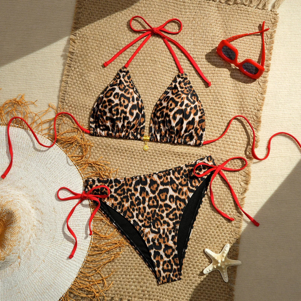 Vintage Red Leopard Print Micro Bikini Set 2026 Women Drawstring Side High Waist Swimsuit Holiday Bathing Suit Push Up Swimwear