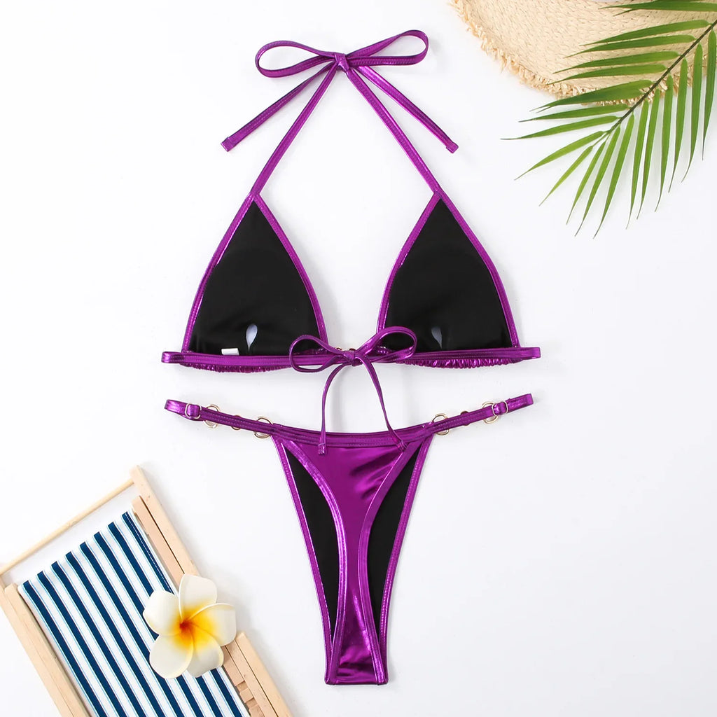 Shiny Pink Micro Bikini 2026 Mujer Women Sexy PU Pearls Push Up Thong Swimsuit Summer Bathing Suit Bandage Holiday Swimwear
