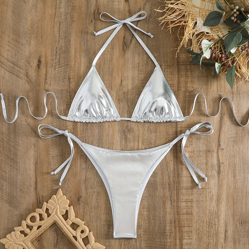 Sexy Brozing Gold Bikinis Sets Women Push Up Micro Bikini Swimsuit 2026 Brazilian Beach Bathing Suit Tie Side Triangle Swimwear