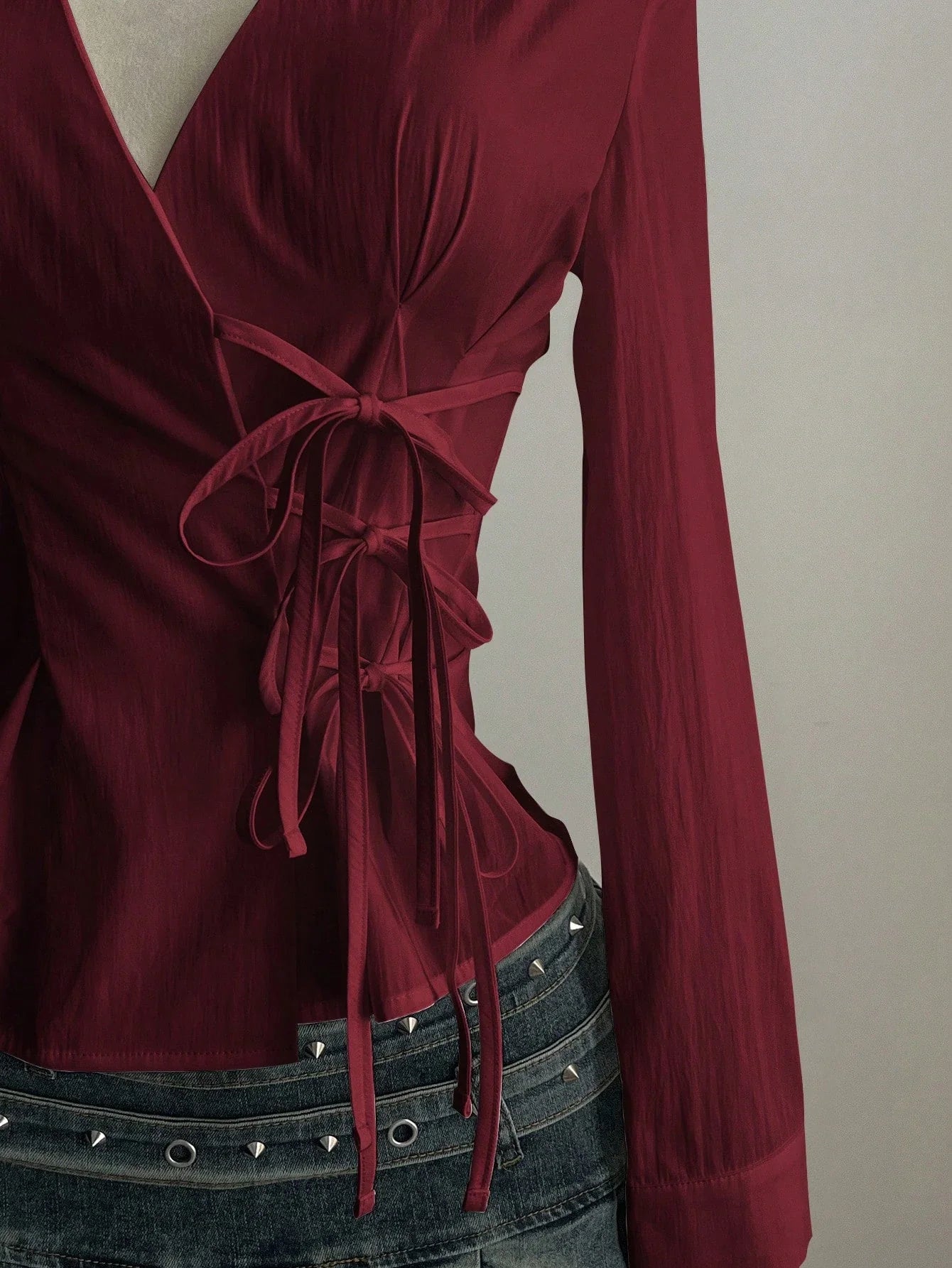 Women's Casual Side Strap Slim Fit Long Sleeve Shirt Sexy V-Neck Pleating Top Spring/Fall 2026
