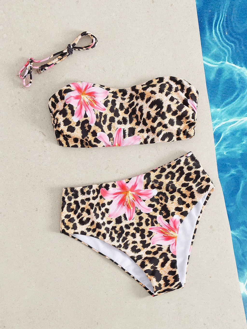 Sexy Bandeau Bikini 2025 Women Pink Floral Leopard Print Push Up 2 Piece Swimsuit Beach Bathing Suit High Waist Swimwear Biquini